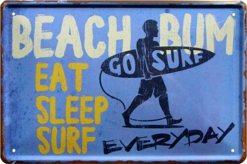 WOGEKA ART Retro Blechschild - Beach bum - Eat, sleep, surf Surfer Surfing - witziger Spruch als Geschenk-Idee Geburtstag Weihnachten Dekoration 20x30 cm Vintage-Design Metall 1097