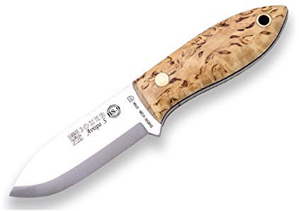 Joker Bushcraft-Messer Avispa S CL121, Griff aus lockigem Birkenholz, Gürtelmesser mit 8 cm Klinge mit Wirbelsäulengriff, inkl. brauner Lederscheide, Werkzeug zum Angeln, Jagen, Camping und Wandern