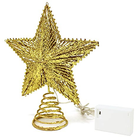 CVHOMEDECO. Gold Glittered 3D Tree Top Star with Warm White LED Lights and timer for Christmas Tree Decoration and Holiday Seasonal Décor, 8 x 10 Inch