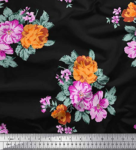 Soimoi Schwarz Baumwoll-Voile Stoff Florals Blumen-Stoff Meterware 56 Zoll breit