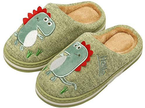 INMINPIN Kinder Winter Baumwolle Pantoffeln Wärme Weiche Plüsch Hausschuhe Kuschelige Slipper mit Cartoon Dinosaurier für Mädchen Jungen,Grün,33/34 EU = Etikettengröße 35/36