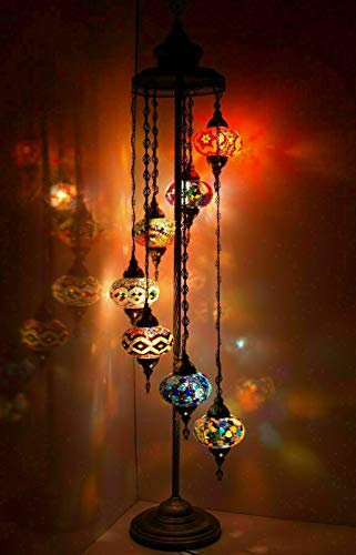 ENVA Lampadaire mosaïque marocaine turque faite à la main en verre multicolore Tiffany Lampadaire 7 grands globes avec ampoule LED