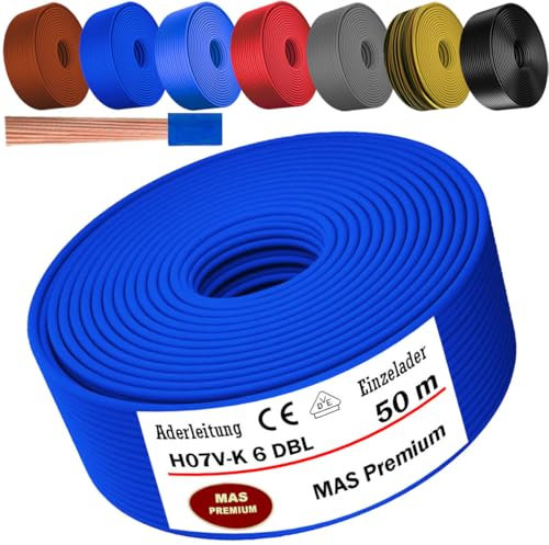 MAS Premium Cavo da 5 a 100 m H07 V-K 6 mm², nero, marrone, blu scuro, verde, grigio, rosso o azzurro, cavo singolo flessibile (blu scuro, 50 m)