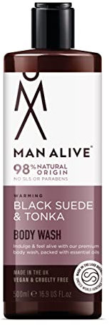 MAN ALIVE Duschgel für Herren, 500 ml, Duschgel und Gesichtswäsche für Herren, enthält einen maskulinen Duft, vegan, SLS-frei und sulfatfrei. Ideales Geschenk zur Fellpflege für Männer (Black Suede &