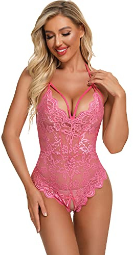 EVELIFE Women's Sexy Lacy Floral Lace Bodysuit One Piece Teddy Lingerie Transparent Deep V Bodysuit (Pink M)