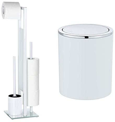 WENKO Serviteur WC Rivalta, Brosse WC et Dérouleur Papier Toilette, Acier INOX Blanc et Verre trempé, 18x70x23 cm & Mini Poubelle Salle de Bain 2L, Poubelle à Couvercle, Inca, Blanc, Ø 14 x 16,8 cm