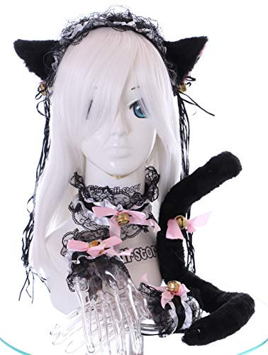 Kawaii-Story C-12-6 Schwarz Weiß Gothic Lolita Maid Katzen Ohren Haarband Halsband Armband Schwanz Set Cosplay