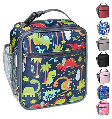 Apuucse Dinosaur Insulated Lunch Bag with Side Mesh Pocket for Kids/Boys/Girls/Child,Water-Resistant Leakproof Soft Cooler Bag Durable Portable Thermal Lunch Box for School/Picnic/Outdoor(Blue)