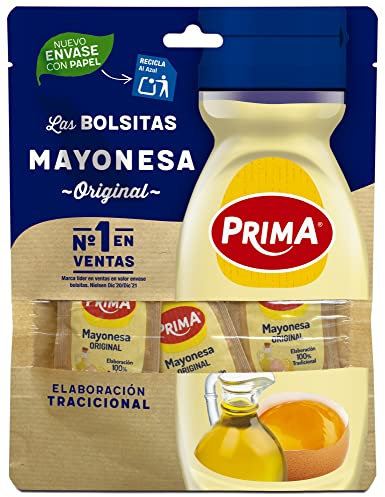 Prima Mayonesa monodosis receta tradicional con huevos 100% origen España. 12 bolsitas