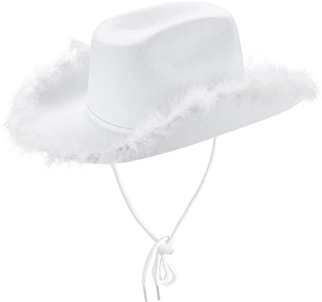 Damen Cowboyhut mit Federbesatz/Glänzende Dekoration, Filz Flauschiger Cowgirl-Hut Disco Pailletten Hut Neuheit Halloween Kostüm Party Verkleidung Accessoire (Weiß mit Federbesatz #220, Einheitsgröße)