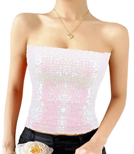 Naimo Damen Glitzer Pailletten Crop Top - Ärmellos Schulterfreies Sexy Trägerlos Tube Bandeau Bustier Rave Oberteil