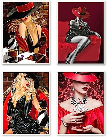 DCIDBEI 30X40CM DIY 5D 4 Lot Diamond Painting Rond,Femme Moderne de Broderie Diamant Peinture Kits Complet Adultes, Tableau Strass Diamant Décoration Chambre Femme Craft Arts || Femme Rouge et Noire