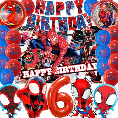 POVALLOV Spider Kindergeburtstag Deko, Spidrma Luftballons 6 Jahre, Geburtstagsdeko Spiderma 6 Jahre Party Set Spidrma Digital Ballon 6 Kindergeburtstagsdekor Hintergrunddekoration