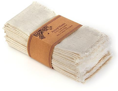 ACCENTHOME Natural Cotton Linen Napkin Set of 12 18x18 inch Dinner Napkins - Washable Soft Premium Hotel Quality Reusable Hemmed Edges Napkins Perfect Table Linens for Family Dinners, Weddings
