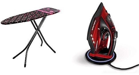Minky Large Ironing Board with Scorch Resist Zone, HH40203107K, Black, Large Compact & Morphy Richards 303250 Cordless Steam Iron easyCHARGE 360 Cord-Free, 2400 W, Red/Black