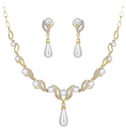 Deyanse Brautschmuck Set, Hochzeit Schmucksets für Damen, Luxus Braut Schmuck Set mit Strass & Künstliche Perle Halskette und Ohrhänger, Allergenfrei Gold Hochzeitsschmuck für Braut Brautjungfern