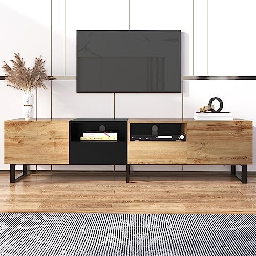 BTM Meuble TV, Meuble TV Bois 190 cm, Moderne Design Banc Tele Télévision, Rangement Spacieux, Convient pour Salon ou Chambre, 190 x 38 x 48cm, Bois Naturel et Noir