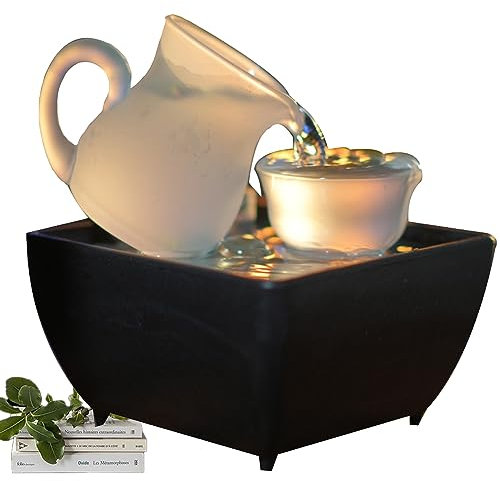 Tuzsocr Zimmerbrunnen Wasserfall, Tischbrunnen mit Glasblume, Teekanne, Zen-Teekanne, buntes LED-Licht, entspannende Atmosphäre, Meditation, für die Dekoration des Hauses, Büroeinrichtung, Wohnzimmer