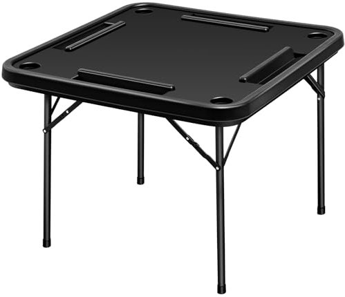 Purpeak Kunststoff Domino Spieltisch Faltbarer Kartenspieltisch mit Getränkehaltern und Kartenhalter Anti-Kratzer und Wasser Tragbares Brettspiel Domino Tisch für Mahjong Poker Domino Spiel (Schwarz)