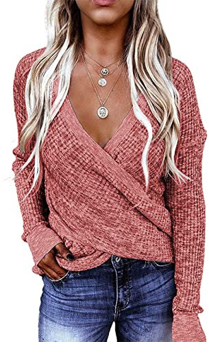 Generisch Zip Up Hoodie, Damenpullover Mit V-Ausschnitt, Wickelpullover, Langärmelig, Gestrickt, Asymmetrischer Saum, Einfarbige Oberteile Pulli Damen Decken Pullover Couple Hoodie (XL, Rosa)