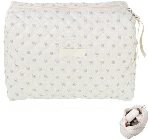 Cotton Floral Travel Makeup Bag - Large Quilted Storage Bag for Women & Girls (Flower-Beige)