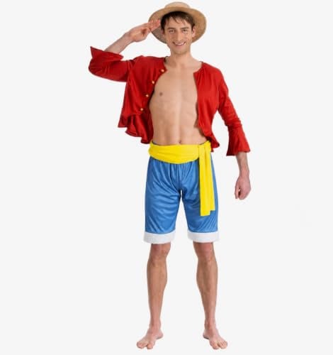 Chaks - Costume de Luffy, ensemble de cosplay d'anime, cosplay | Tenue officielle One Piece, ensemble 4 pièces comprenant une veste, un pantalon, une ceinture et un chapeau de paille