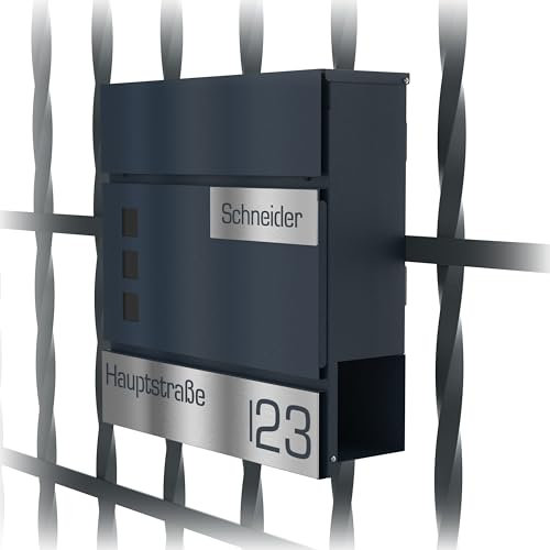 Graviers Design Briefkasten in Anthrazit RAL 7016 mit Zaunhalterung - Sichtfenster Postkasten personalisiert Edelstahl Name Straße Hausnummer Laserschnitt Gravur mit Schloss Zeitungsfach