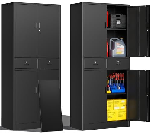 Aktenschrank, Mehrzweckschrank, Schrank abschließbar, Schwarz, 180*80*40cm | Büroschrank mit 2 Türen, Aufbewahrungsschrank Stahl, 2 Schublade und 2 Verstellbarer Einlegeboden für Schule,Haus,Büro,Garage