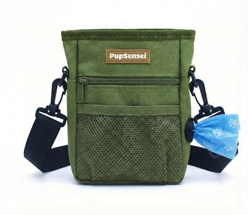 PupSensei Dog Treat Pouch for Training – Magnetic Dog Treat Bag with Belt Clip & Poop Bag Dispenser – Hands Free Carry Pouch with Auto-Close Access & Shoulder Strap – Durable Pet Gear – Army Green