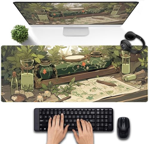 Cute Green Plants Desk Mat Anime Sage Mouse Pad Gaming Desk Pad XL, Kawaii Aesthetic Laptop Computer Keyboard and Mouse Mat, Desktop Decor Accessories Mousepad for Girl Women Office 31.5x11.8
