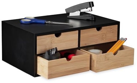 Relaxdays Schreibtisch Organizer, 4 Schubladen, Bambus & MDF, Schreibtischbutler Büro, HBT: 13,5x33x21 cm, Natur/schwarz
