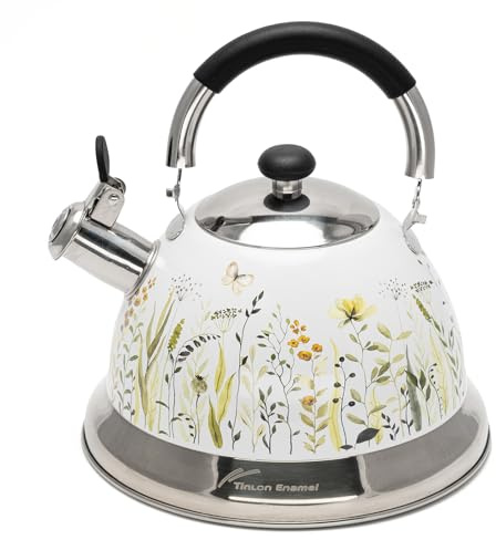 Tinlon Enamel Tea Kettle, 3.1QT Whistling Stovetop Kettle, Folding Handle