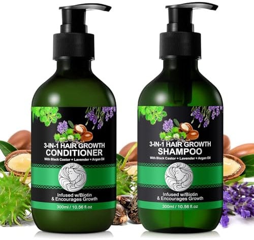 3-in-1 Shampoo und Conditioner Set –10,56 x 2 fl oz Shampoo- und Conditioner-Set aus schwarzem Rizinus- Lavendel- und Arganöl für Haarwachstum, sulfatfrei, gegen Haarausfall für Männer und Frauen (#1)