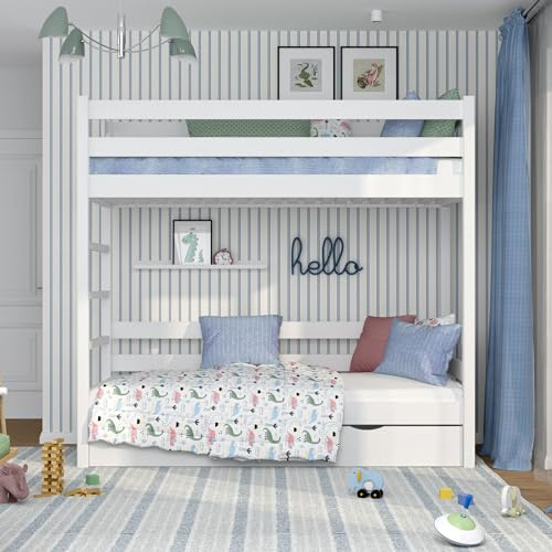 N-wood N03 Letto a castello con Cassetto 80x200, 100% Legno massello, Letto a soppalco per bambini e adulti, Scala universale: destra o sinistra, 2 Strutture inclusa, Bordi arrotondati, Bianco