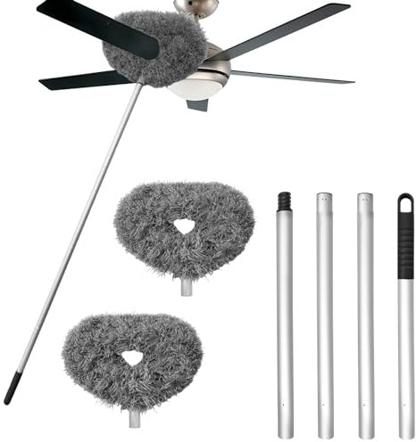 Plumero limpiador de ventilador de techo, limpiador de aspas de ventilador de techo de microfibra reutilizable con mango largo extensible extraíble de 13 a 48 pulgadas para limpiar estanterías,