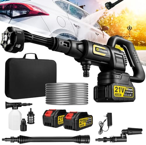 Idropulitrice a Batteria, Gisam Pressure Washer Portatile, 3 Velocità Max 65Bar, 2x4.0Ah Batterie, 6-in-1Multiuso Ugello, 180° Girevole Ugello, Spruzzatore di Schiuma, 5M Tubo | Irrigazione Pulito