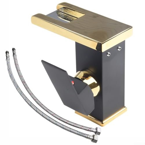 HOHOVYVY Robinets de salle de bain, robinet cascade LED, robinet de lavabo, lavabo monté sur le pont mitigeur froid et chaud (noir + doré)