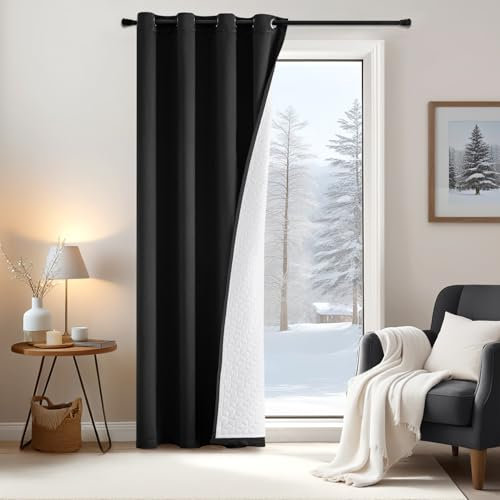 EMEMA Blickdichte Vorhänge Doppellagige Thermovorhang Wärmeisolierend Kälteschutz Verdunklungsvorhang 1 Stück Vorhang Hängend Raumteiler Türvorhang den Wind, Kälteschutzvorhang Winter 260x132 Schwarz