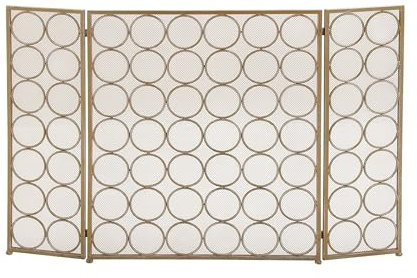Ofen-Kaminschutzgitter 47 x 32 Messing-Metall-Faltgitter, 3-teilig, geometrischer Kaminschirm mit Kreismuster, 1-teilig Freistehender Funkenschutz