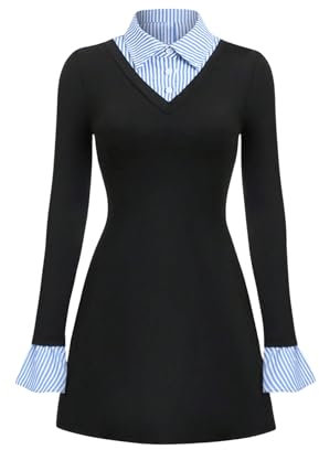 GORGLITTER Women's Striped A Line Flared Short Dress Bell Long Sleeve Collared 2 in 1 Office Dresses Black S