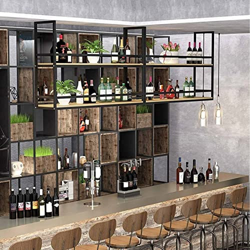 TYYCKJ Hanging Wine Rack - Ceiling Wrought Iron Floating Shelves, Wall Mounted Solid Wood Storage Rack, Ceiling Mounted Plant Stand, Hanging Display Rack, With Railing, For Bar/Kitchen/Cafe (Size