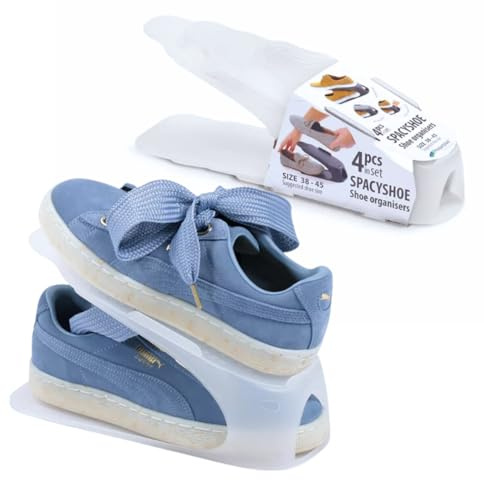 B2C Pack of 4 Shoe Slots Size UK Organiser Shoe Stacking Space Saver Racks Universal Fit Closet Footwear holder Compact (Transparent, UK Size 5 to 12)