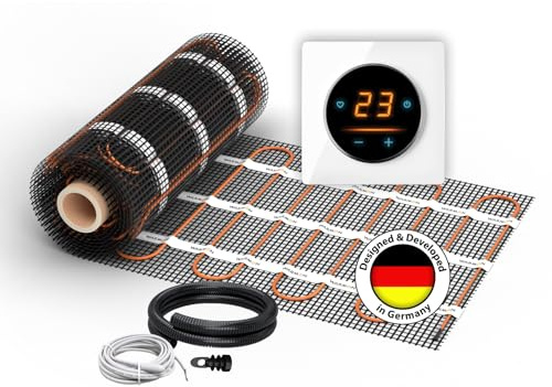 Elektrische Fußbodenheizung: Zweiader-Heizmatte WARMON ULTRA 200 W/m² mit WiFi-Thermostat OKE-25 Touch und schwarzem Garda Glass-Abdeckrahmen, Thermostat:OKE25 Garda Weiß, Mattengröße:8 m²