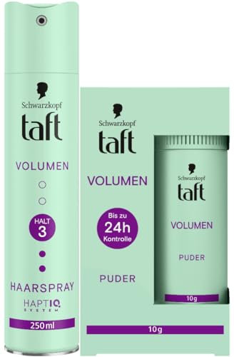 Schwarzkopf Taft Haarstyling Puder Volumen (10g) & Haarspray Volumen (250 ml), Haltegrad 3, Haarstyling für alle Haartypen, Volumen-Haarspray, Volumen-Haarpuder, vegane Formel*