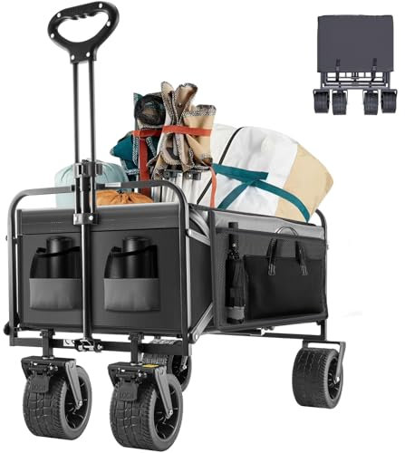 Folding Camping Trolley with All-Terrain Extra Wide Wheels & Brakes, Heavy-Duty Foldable Cart 150KG/330LBS, Large Capacity 100L, Collapsible Festival Wagon for Beach, Garden, Shopping (Black)