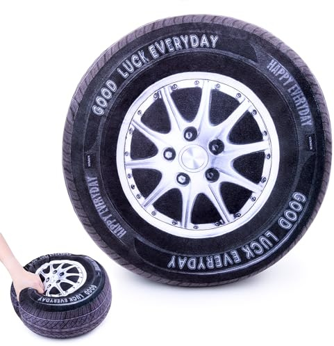 RLOMUTE 23.6 Zoll Schwarz Reifenkissen Plüschtier realistisches Kissen kreatives 3D-Rad superweiches Spielzeug für Autogeschenke Reisen Schlafzimmer Heimdekoration Sammlergeschenk für Kinder Jungen