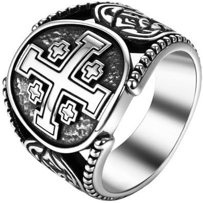JewelryWe Jerusalem Kreuz Ring Herren: Edelstahl Herren-Ring Religiöse Kreuz Siegelring Punk Hip Hop Fingerring Männer Biker Bandring Kreuzritter Amulett Christlich Katholisch Schmuck Silber Größe 57