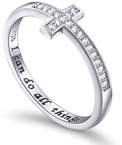 DAOCHONG Statement-Ring aus 925er Sterlingsilber mit der Gravur „I Can Do All Things“ (seitlich), Kreuzring, Größe 7, inspirierender Schmuck, Geschenk für Frauen