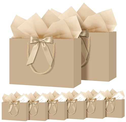 NADSSJL 6 Pcs Gift Bags for Present - Birthday Gift Bag with Wrappers and Cards, Party Bags with Handles for Weddings, Birthdays, Parties, Valentine's Day and Christmas (Champagne)