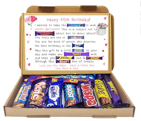 Personalised Birthday Gift 21st 18th 30th 40th Poem Chocolate Treats Box Hamper Sweet Present Gift for all ages Him/Her - Pink 40th